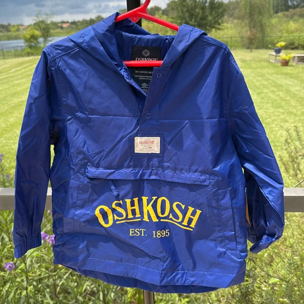 Oshkosh blue & yellow packable rain/wind hoodie pullover jacket size 4/5 nwt